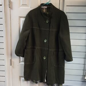 MISS LOOK,Women's Olive Green Coat, PLAID LINING, SIZE M